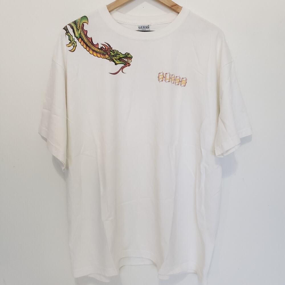 Vintage Guess Men Unisex SIZE XL White Short Sleeve Dragon Print Shirt FLAW USA - Picture 10 of 10